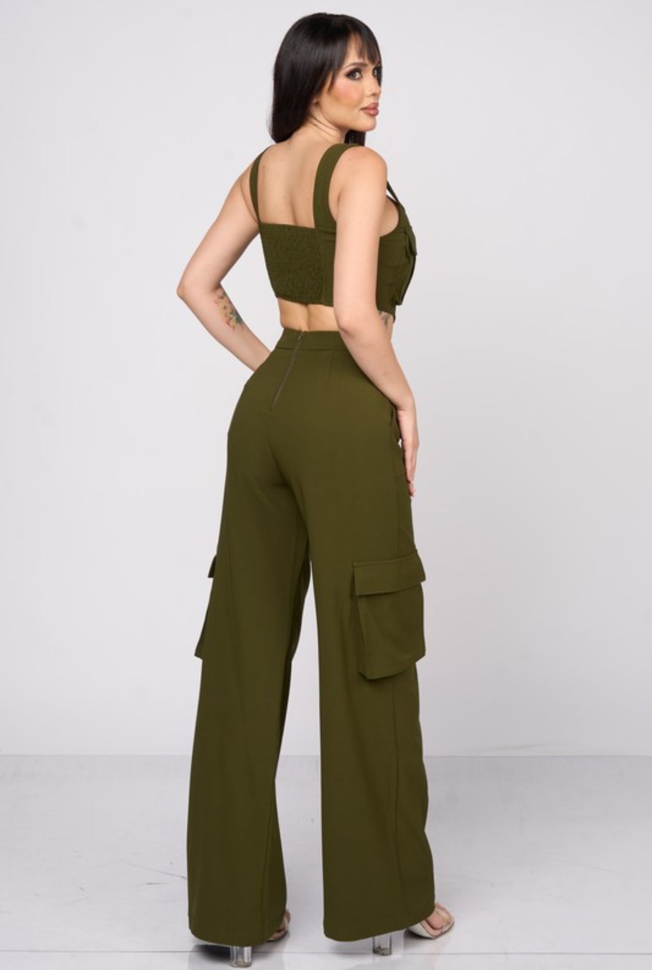 Chic Cargo Zip Up Top & Cargo Pants Set “Dark Olive”