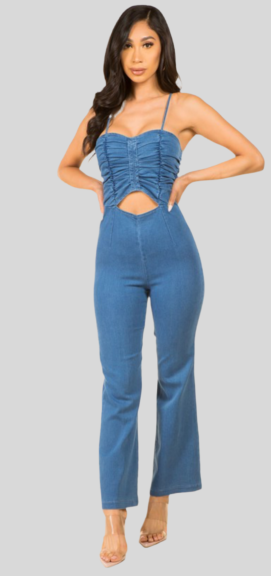 RUCHED SHIRRING CUT OUT DENIM JUMPSUIT