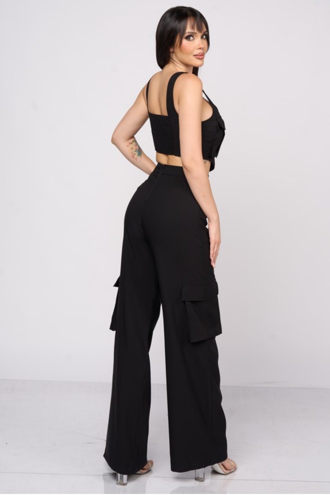 Chic Cargo Zipup Crop Top & Cargo Pants Set “Black”