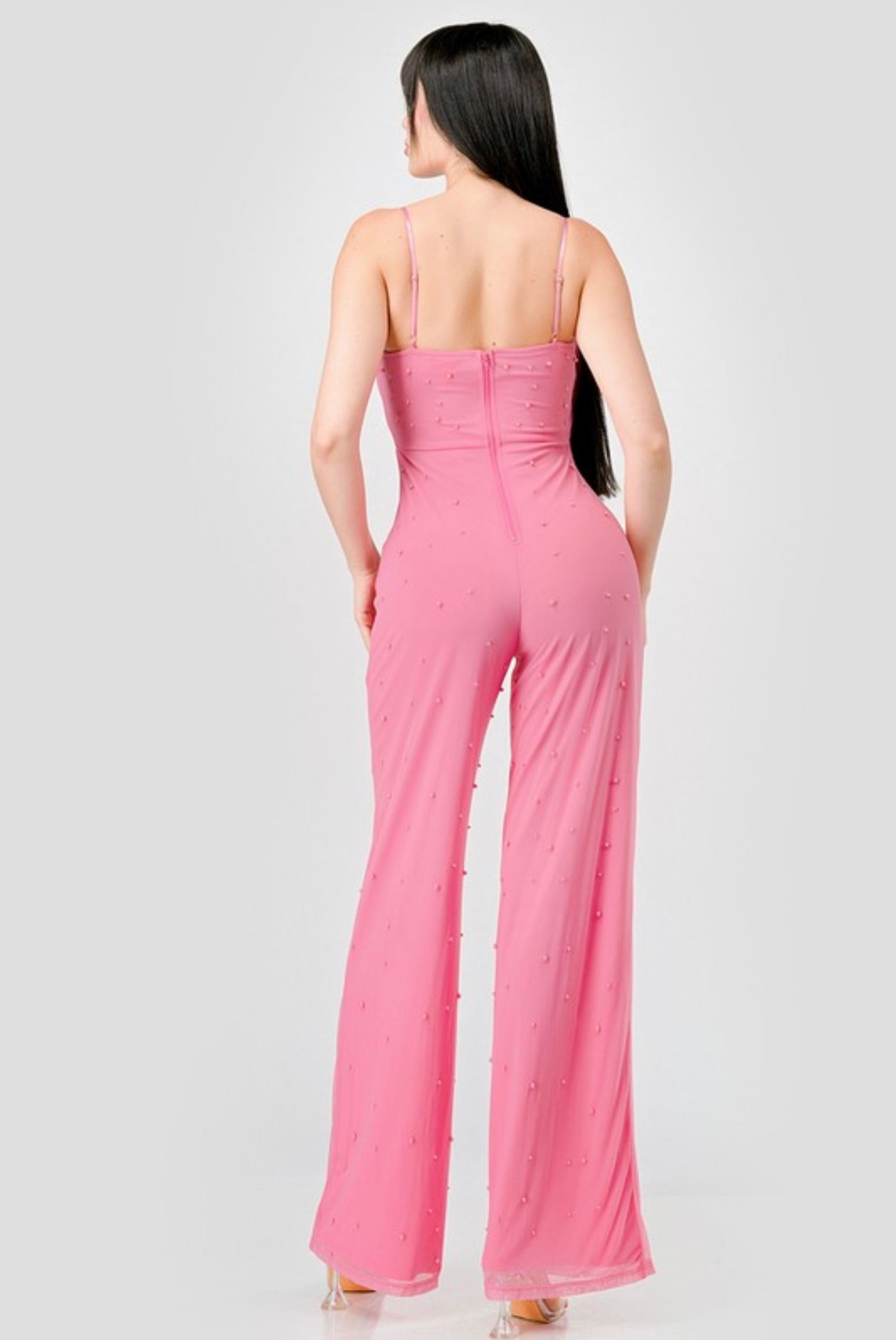 Luxe Pearl Mesh Cowl Neck Spaghetti Strap Jumpsuit