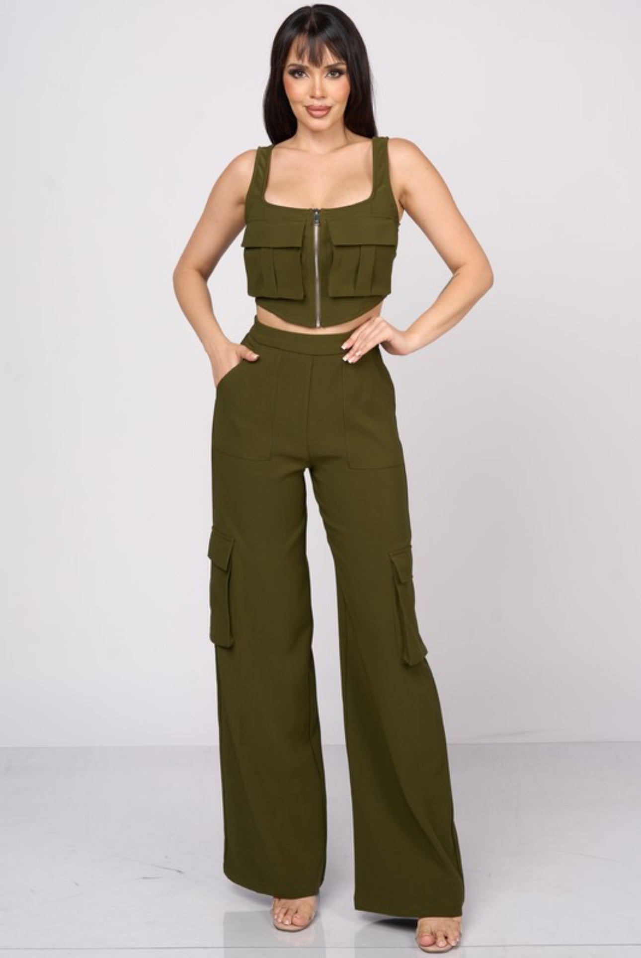 Chic Cargo Zip Up Top & Cargo Pants Set “Dark Olive”