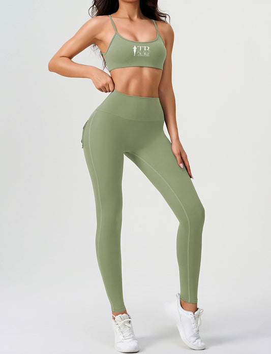 Green Jade Sports Bra and Scrunched Butt Legging Set with Back Pockets