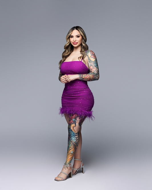 Rhinestone Mesh Fuzzy Hem ruched Mini Dress