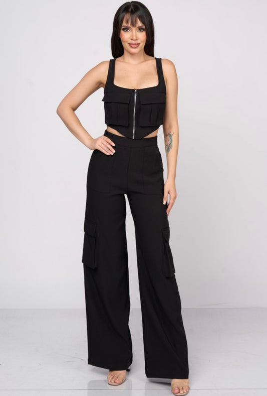 Chic Cargo Zipup Crop Top & Cargo Pants Set “Black”