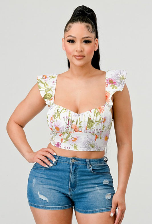 Floral Sweetheart Ruched Flutter Sleeves Crop Too