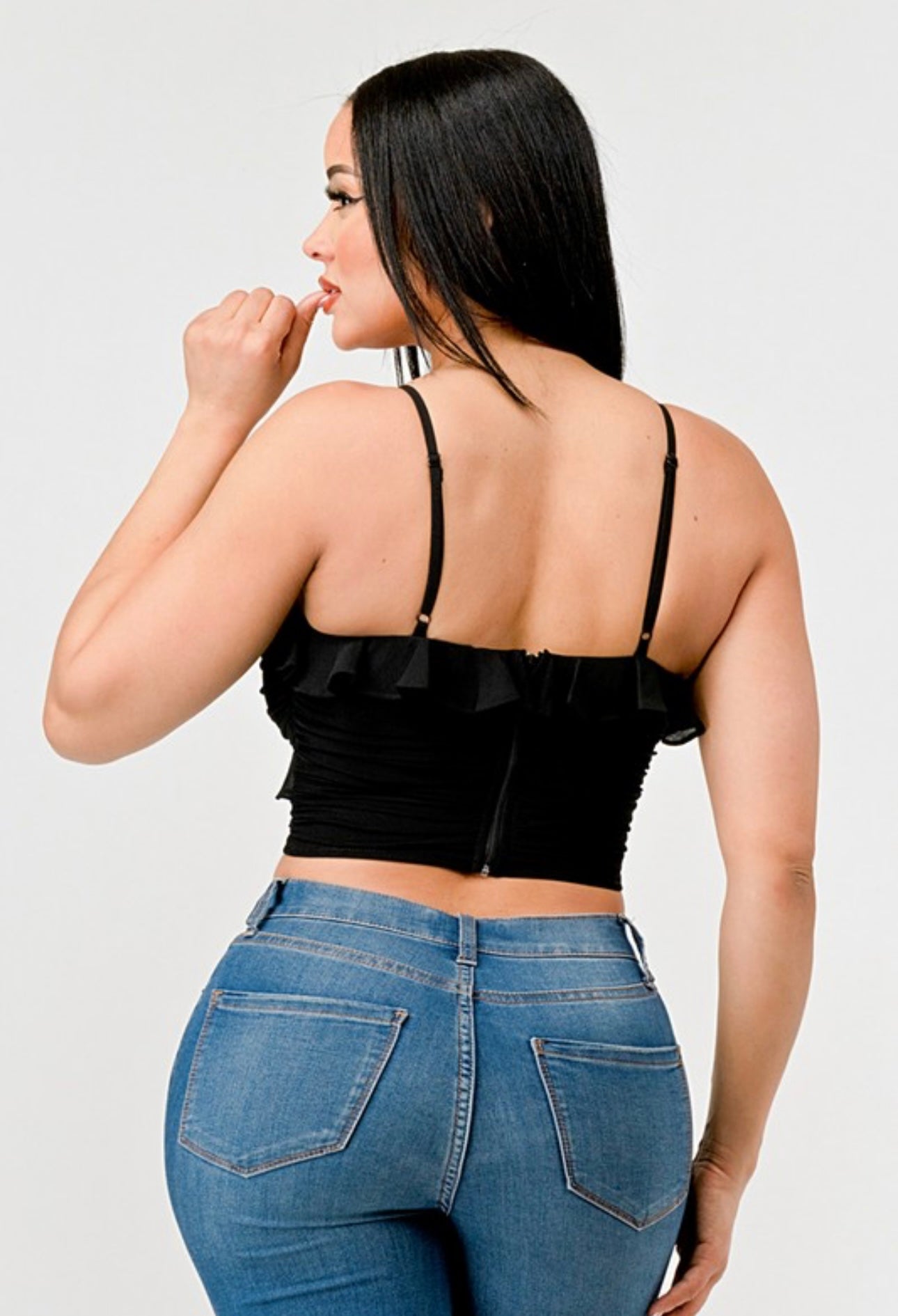 Mesh Ruched Sweet Heart Chiffon Ruffled Crop Top