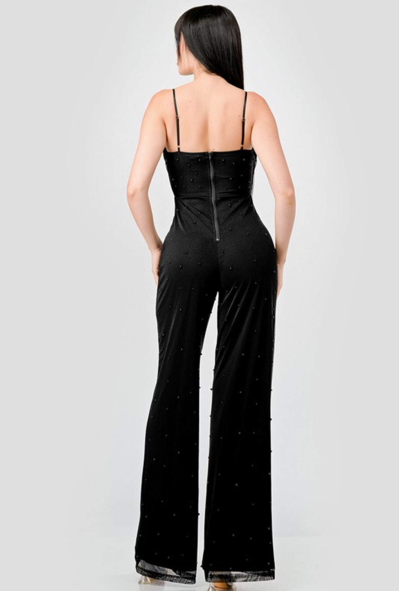 Luxe Pearl Mesh Cowl Neck Spaghetti Strap Jumpsuit