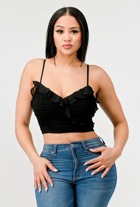 Mesh Ruched Sweet Heart Chiffon Ruffled Crop Top