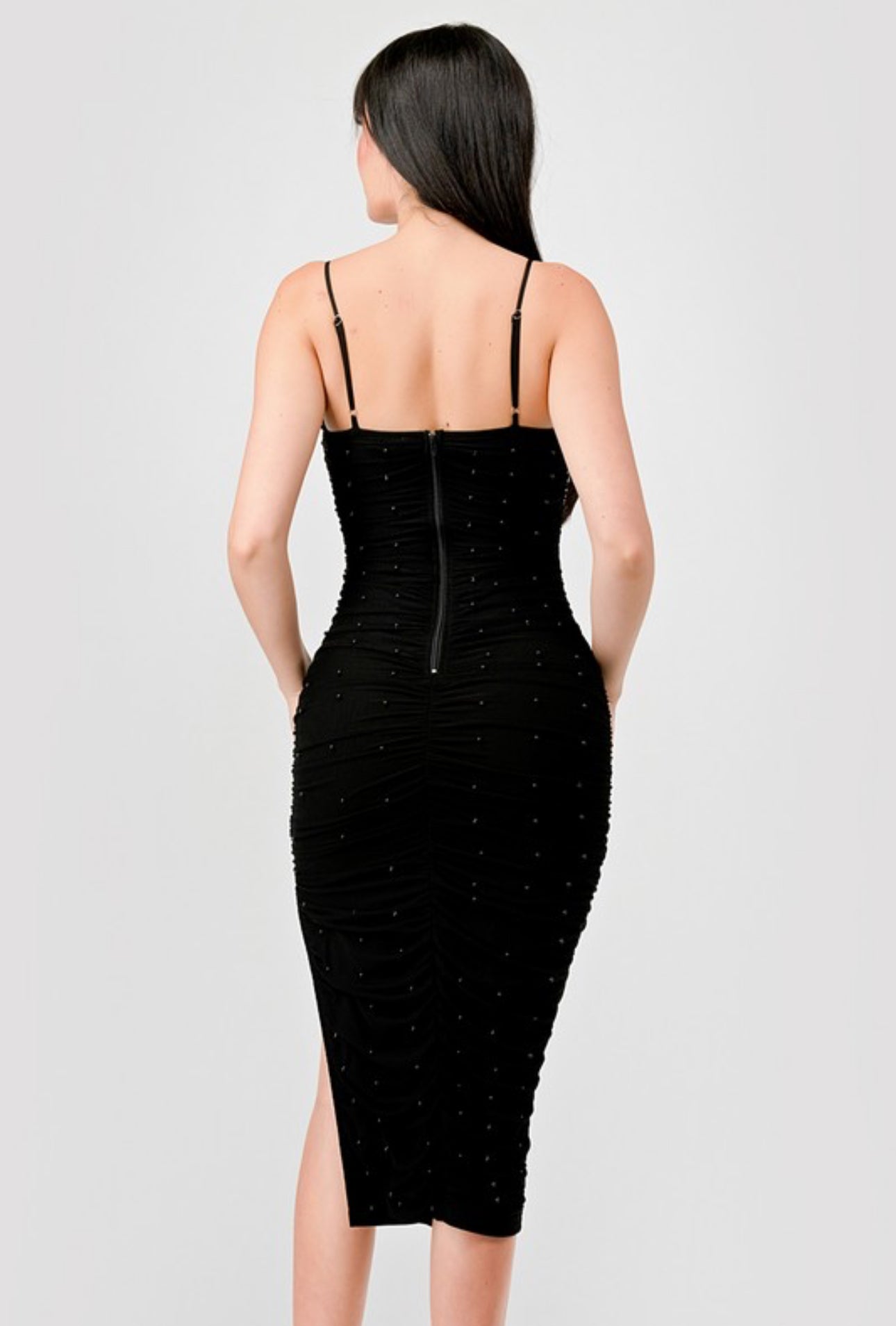 Black Luxe Pearls Sweet Heart Slit Ruched Midi Dress