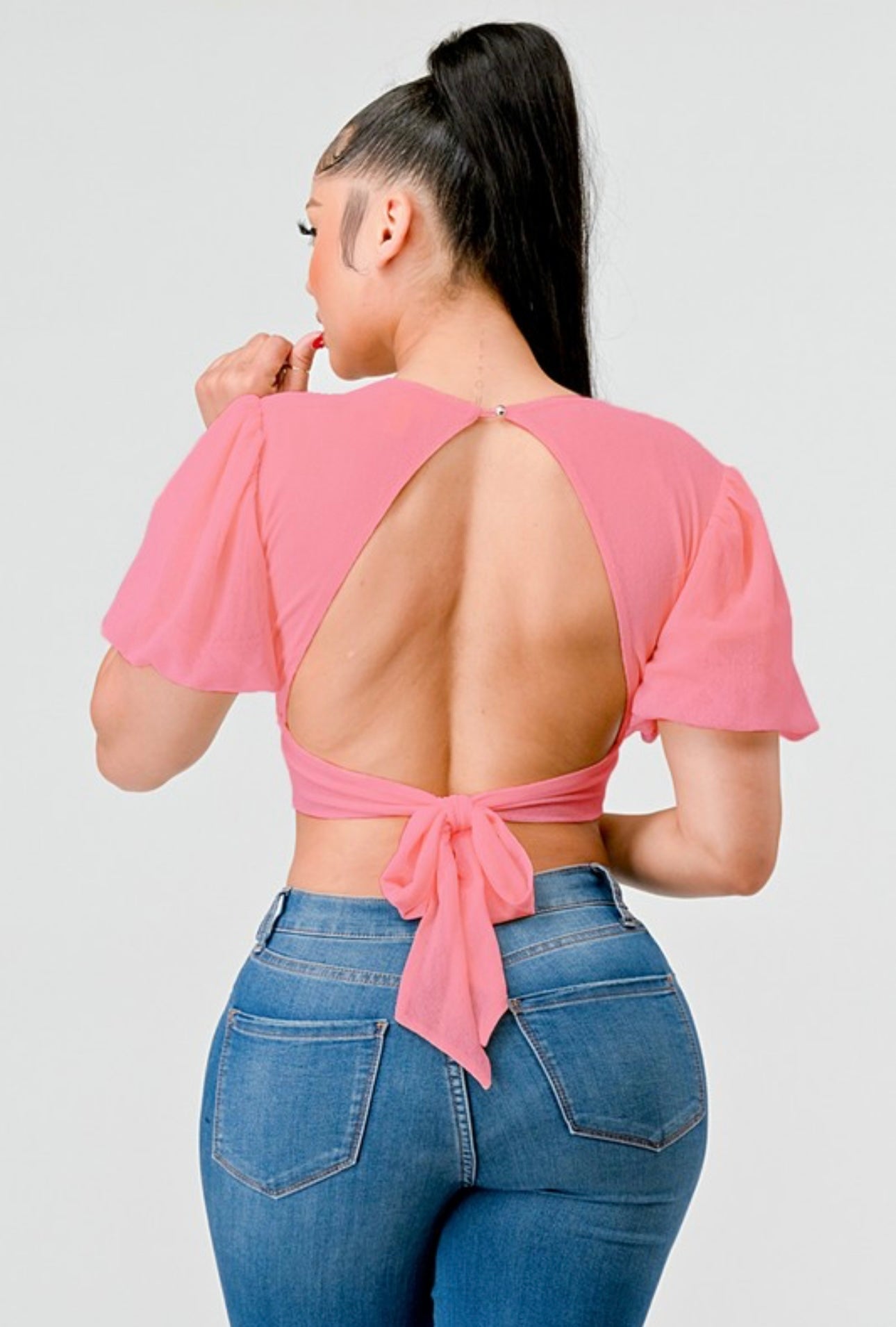 Skin Mesh V Neck Open Tie Crop Top