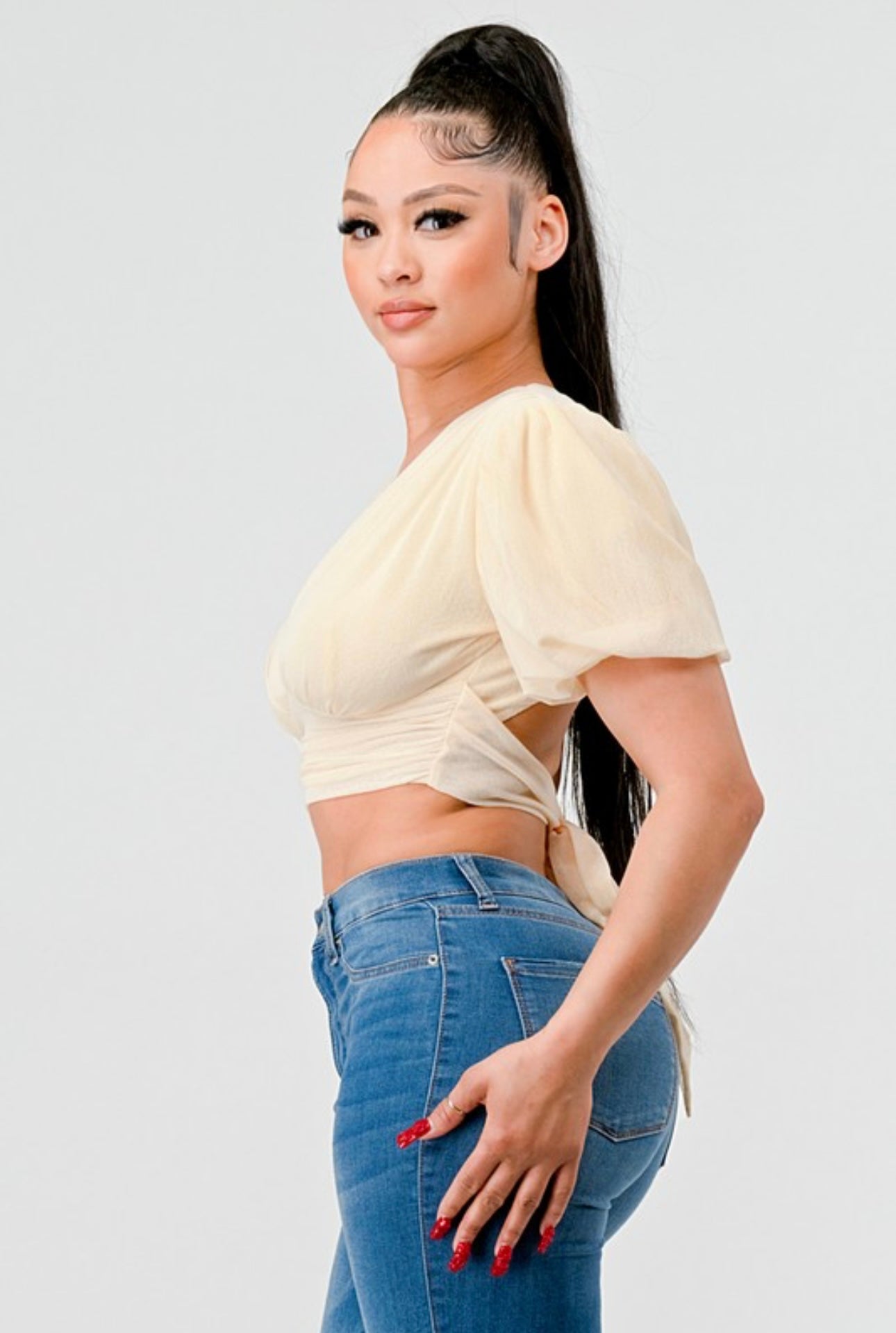 Skin Mesh V Neck Open Tie Crop Top