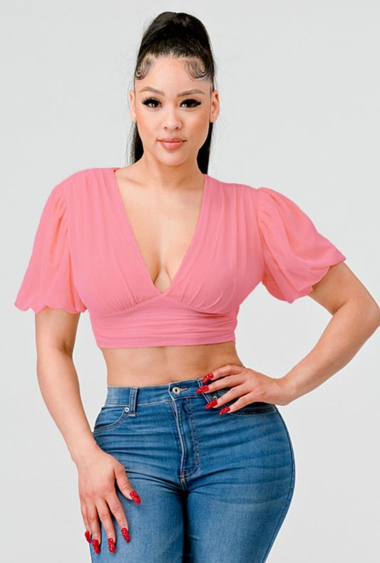 Skin Mesh V Neck Open Tie Crop Top