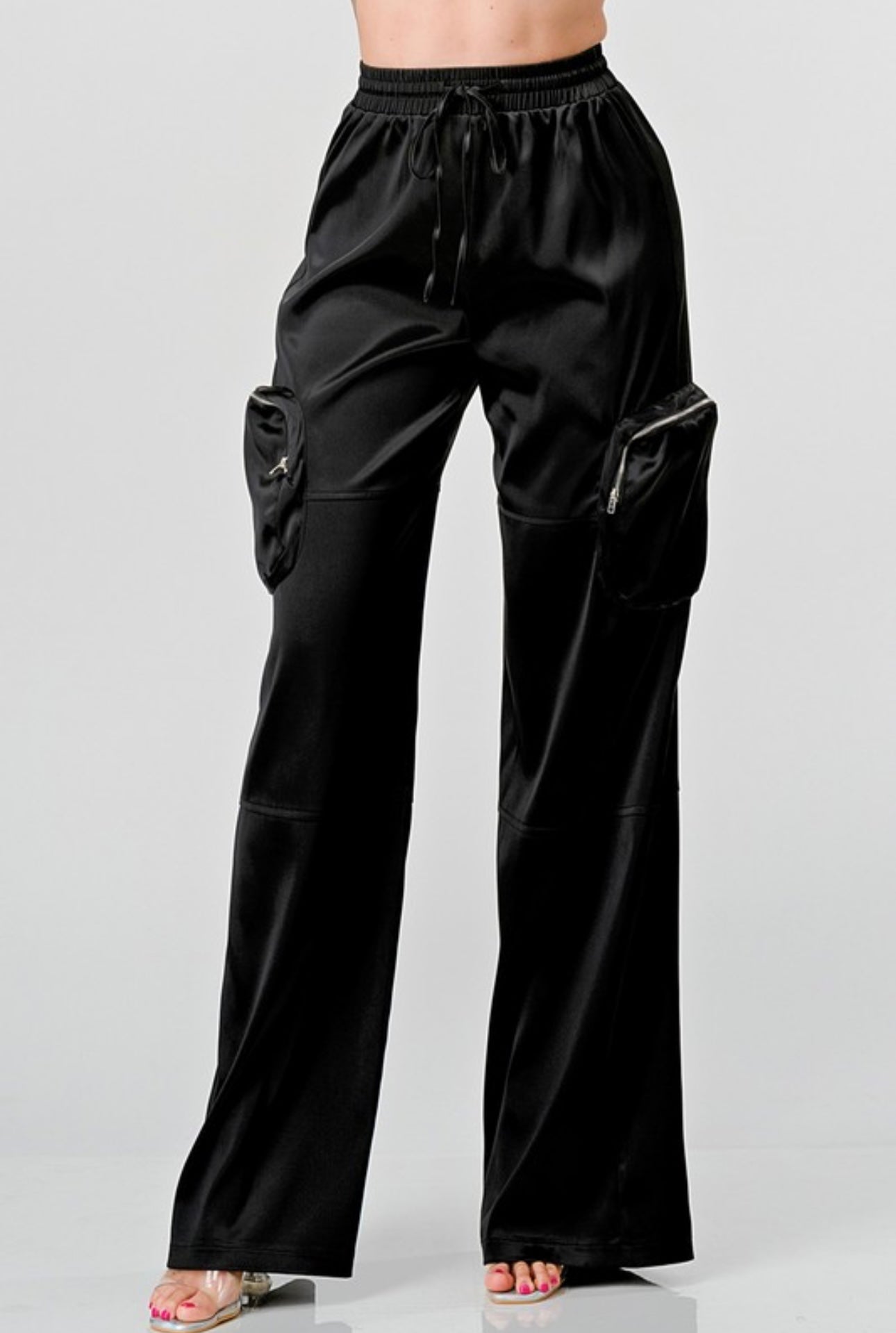 Heavy Strech Satin Elastic Waist Band Cargo Pants