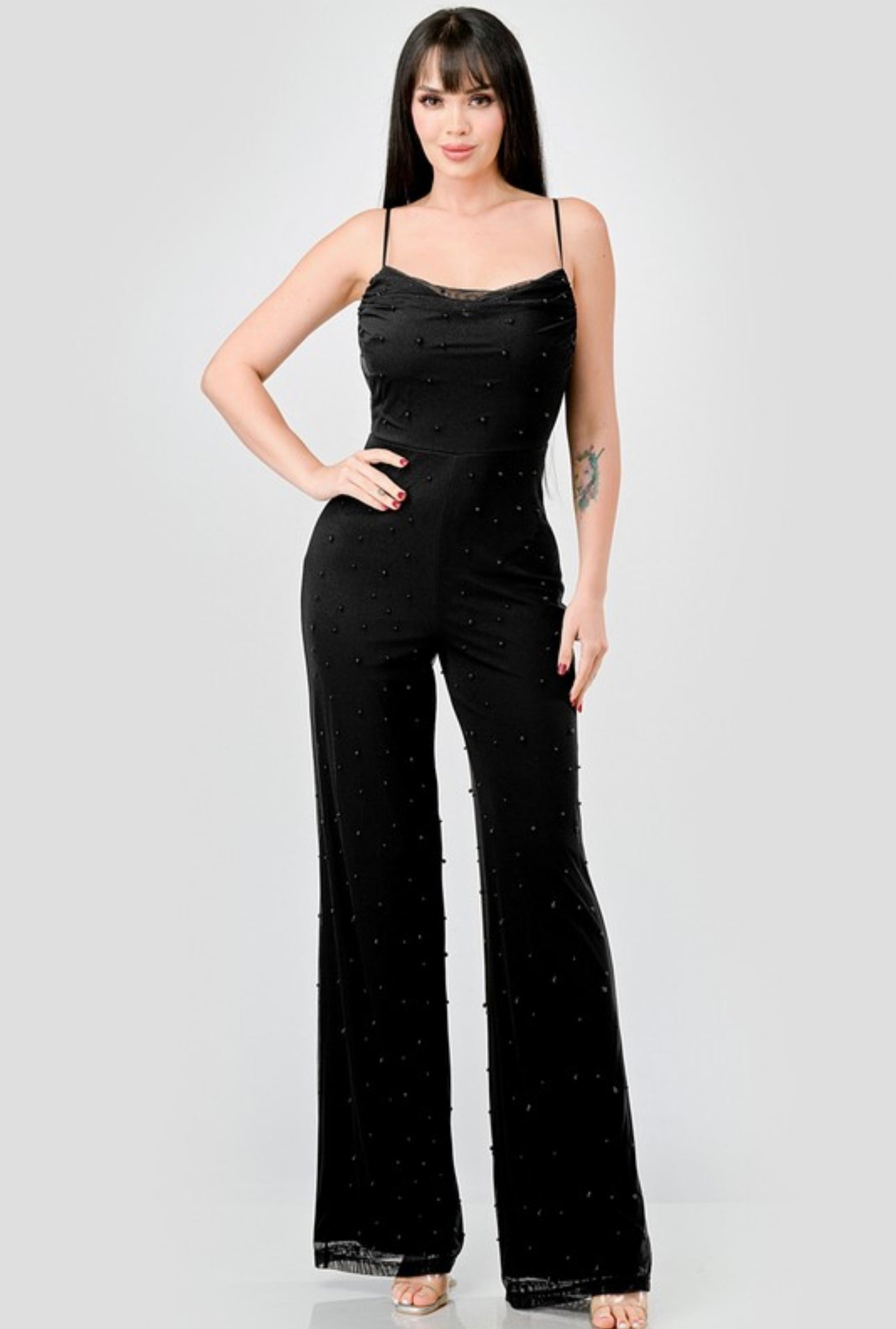 Luxe Pearl Mesh Cowl Neck Spaghetti Strap Jumpsuit