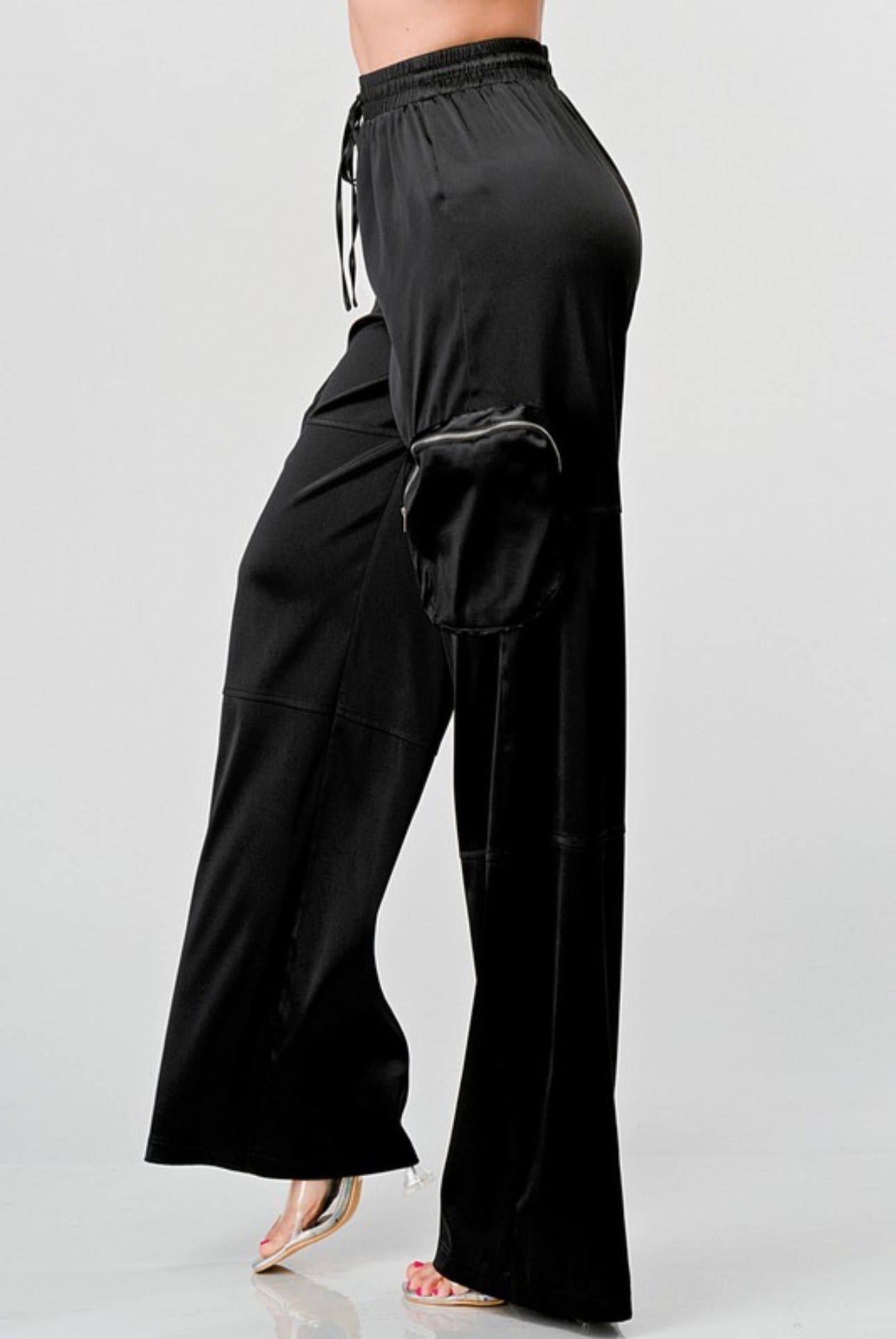 Heavy Strech Satin Elastic Waist Band Cargo Pants