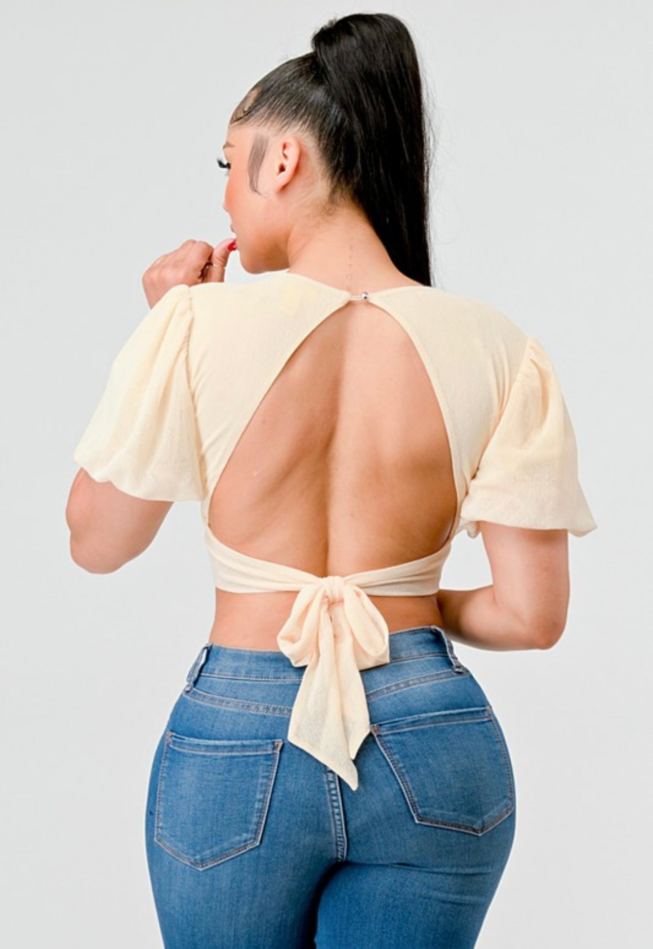 Skin Mesh V Neck Open Tie Crop Top