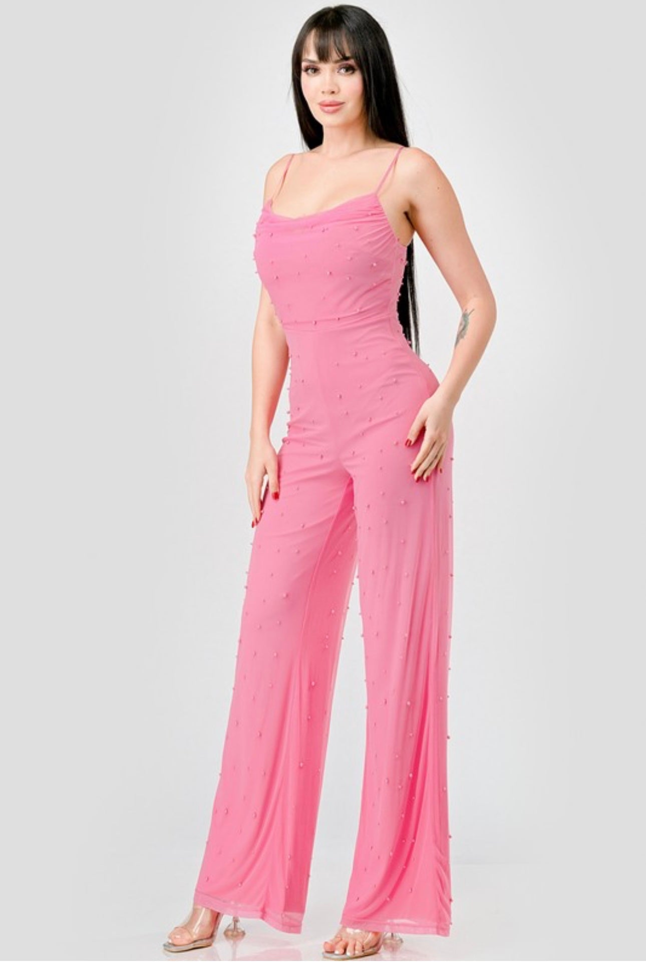 Luxe Pearl Mesh Cowl Neck Spaghetti Strap Jumpsuit